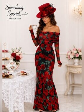 NWOT Off-Shoulder Red Rose Print Long Sleeve Maxi Dress Only | Stretchy contour